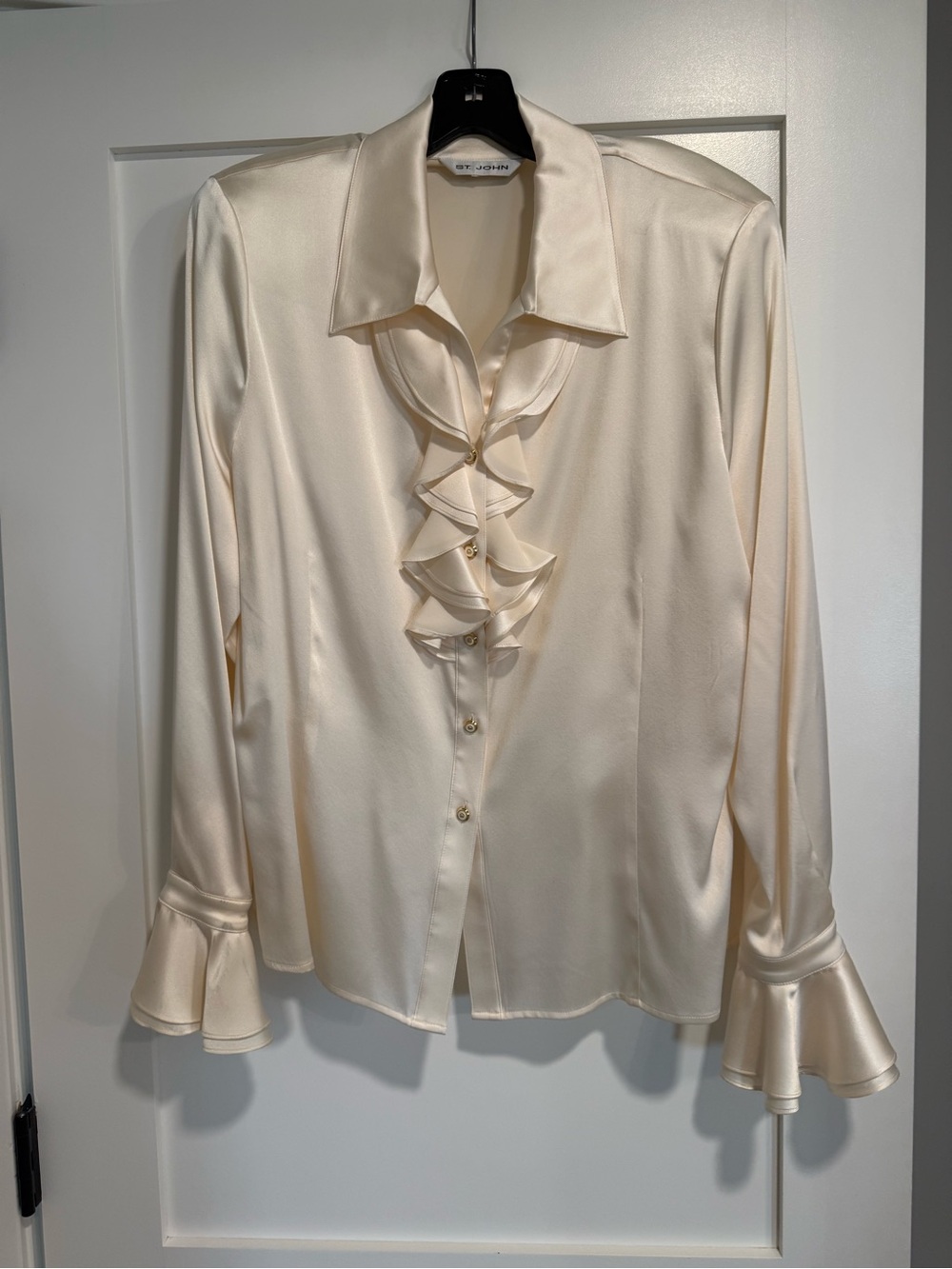 St. John Cream Silk Ruffled Button-Front Blouse - Cream Size 14